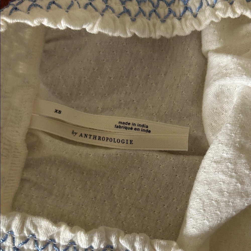 Anthropologie White Smocked Tube Top with Blue Embroidery - Picture 2 of 5